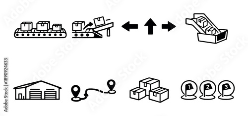 Black and white industrial icons representing packaging and logistics processes