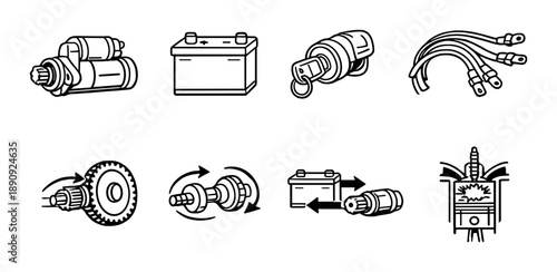 Car electrical components: starter motor, battery, ignition switch, cables, gears diagram