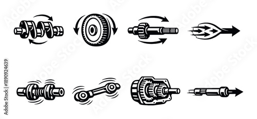 Mechanical components and motion symbols representing engine and transmission functions