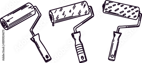 Three paint rollers with different textures for painting walls  home improvement tools