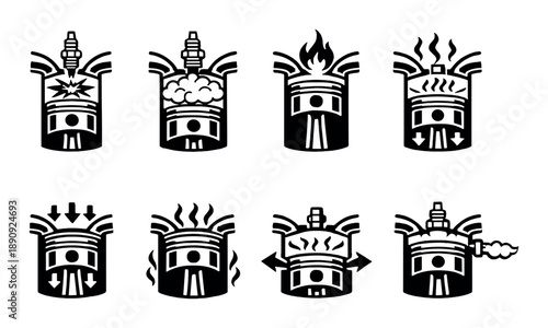 Steampunk engine icons on dark background: gear, flame, smoke, and pipe details