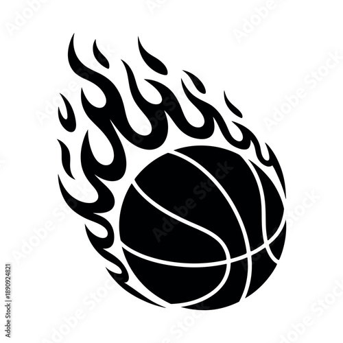 Basketball Black and White Graphic with Stylized Flames