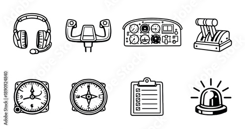 Aviation cockpit elements: headset, yoke, dashboard, throttle, compass, checklist, beacon