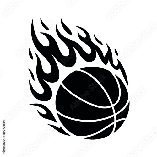 Basketball on Fire Black and White Graphic featuring a sports ball engulfed in dynamic, stylized flames for team logos and street art.