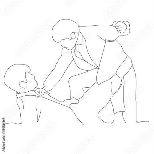 Angry men lying on ground beating having conflict. Mad furious guys kick punch in face. Two people feel aggressive fighting. line art