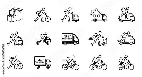 Delivery service icons depicting people vehicles and packages