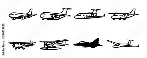 Silhouette icons of various aircraft on gray background