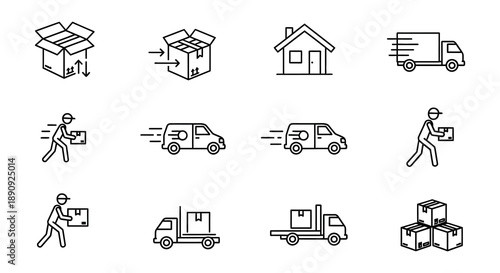 Delivery service icons depicting people vehicles and packages