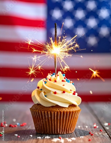 Wallpaper Mural Festive cupcake with sparkler, red, white, and blue sprinkles, against a US flag background Torontodigital.ca