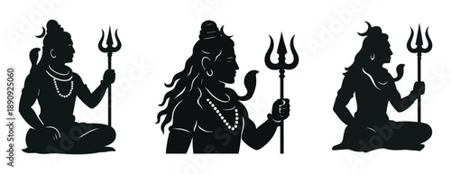 Lord Shiva Silhouette Set: Maha Shivaratri festival Hindu God Mahadev with Trishula Icon