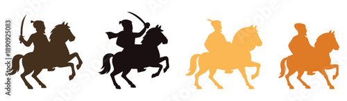 Chhatrapati Shivaji Maharaj Jayanti Four historical Indian warrior silhouettes riding horses with swords.