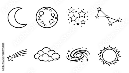 Celestial icons: moon, stars, constellation, shooting star, cloud, galaxy, sun