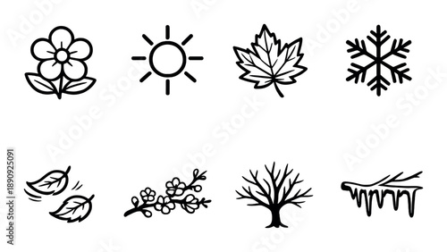 Seasonal icons: flowers, sun, leaves, snowflake, bird, blossoms, tree, icicles