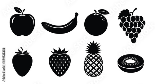 Black and white illustration of various fruits arranged in two rows