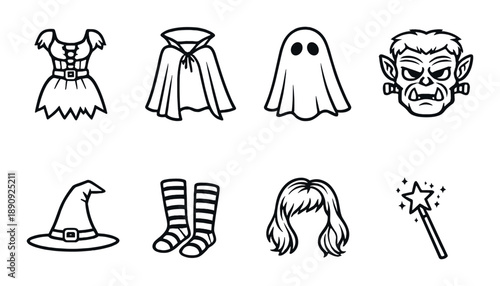 Halloween costume icon set: witch, vampire, ghost, ogre, accessories