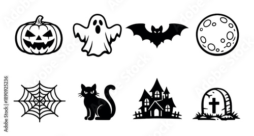 Halloween symbols: pumpkin, ghost, bat, moon, spiderweb, cat, haunted house, gravestone