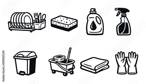 Cleaning tools collection: sponge, soap, spray bottle, bin, mop, cloth, gloves, dish rack