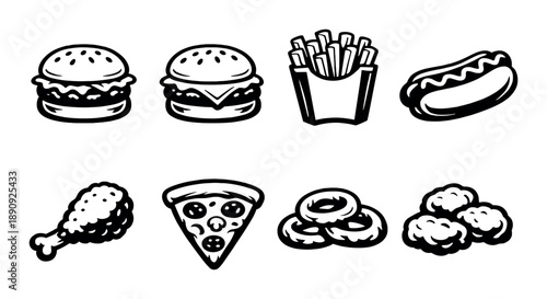 Monochrome fast food icons: burgers, pizza, fries, hotdog, onion rings, chicken, nugget