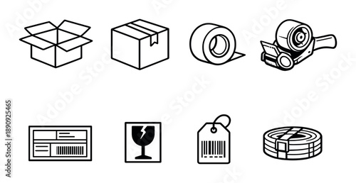 Shipping essentials icons: boxes, tape, labels, and packaging symbols