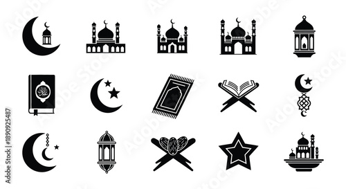 Islamic symbols and elements crescent moons mosques and traditional lanterns