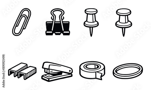 Office supplies icons: paperclip, binder clip, push pins, staples, stapler, tape, rubber band