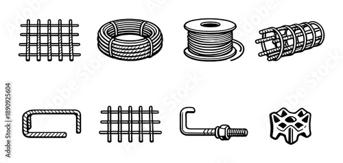 Metal construction symbols: rebar, wire, spool, grid in black and white design