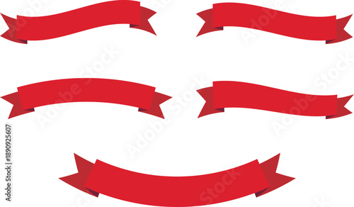 Red banner ribbon strip with flat bent design icon set. Banner, label, and button style. Red ribbon decoration shape, isolated on a transparent background. Suitable for use on websites and brochures.