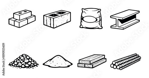Construction materials illustration: bricks, cement, steel, gravel, sand, lumber, rebar