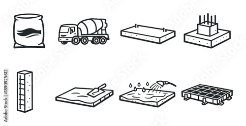 Concrete construction process: mix, transport, pour, cure, reinforce, formwork