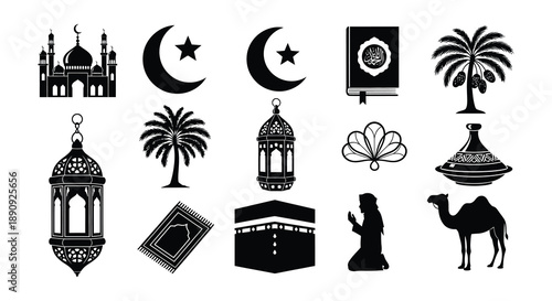 Islamic symbols and elements crescent moons mosques and traditional lanterns