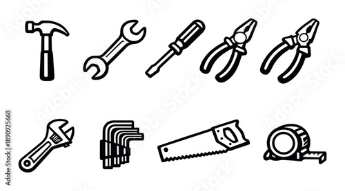 Set of hand tool icons on black background