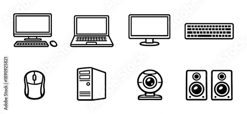 Computer setup icons: monitor, laptop, mouse, keyboard, speakers, camera