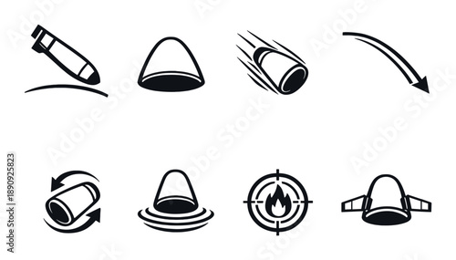 Icon set of projectile motion and trajectory symbols