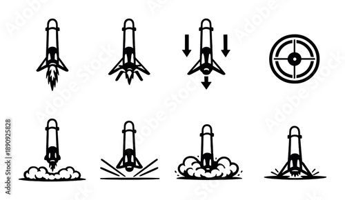 Rocket launch and landing icons depicting various stages in simple black design