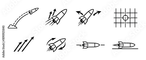 Dynamic rocket motion and target trajectory icons on dark background
