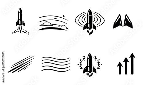 Black rocket and wing symbols on dark background with dynamic motion effects