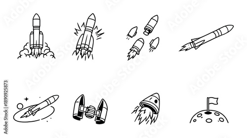 Cartoon rockets and space illustrations on grey background