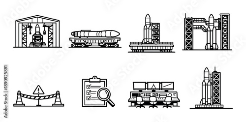Space rocket launch preparation icons with checklist and safety symbols