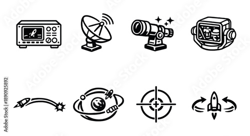 Space exploration equipment icons: satellite, telescope, rocket, planet, target