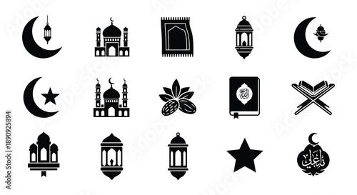 Islamic symbols and elements crescent moons mosques and traditional lanterns