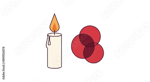 Lit White Candle Beside Overlapping Red Circles lit candle flame overlapping circles