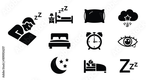Black and white icons depicting sleep dreams and nighttime elements