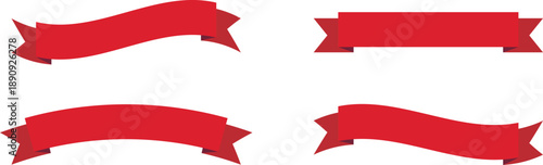 Red banner ribbon strip with flat bent design icon set. Banner, label, and button style. Red ribbon decoration shape, isolated on a transparent background. Suitable for use on websites and brochures.