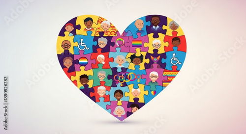 Diverse puzzle heart with colorful pieces and happy faces on white background symbolizing unity and inclusion