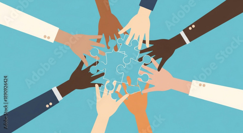 Diverse hands assembling puzzle pieces together in unity and cooperation on blue background