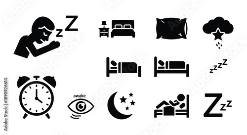 Black and white icons depicting sleep dreams and nighttime elements