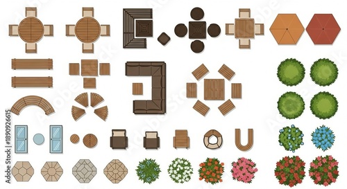 A collection of colorful top down illustrations depicting various outdoor furniture and landscaping elements