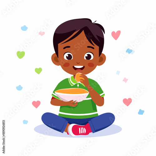 Happy Cartoon Boy Eating Cereal Breakfast.