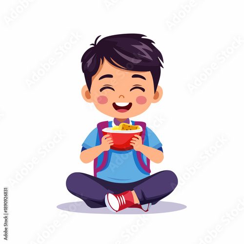 Happy Cartoon Boy Eating Noodle Soup.