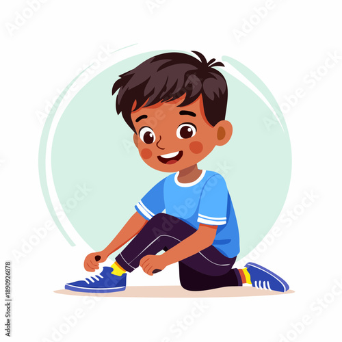 Smiling Cartoon Boy Sitting on Floor.